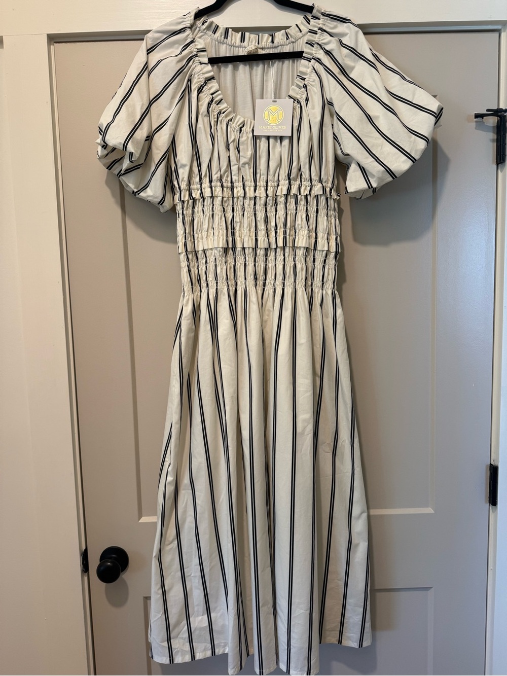 NWT Marie Oliver women’s Greyson Cream and Black Striped Smocked Dress, small